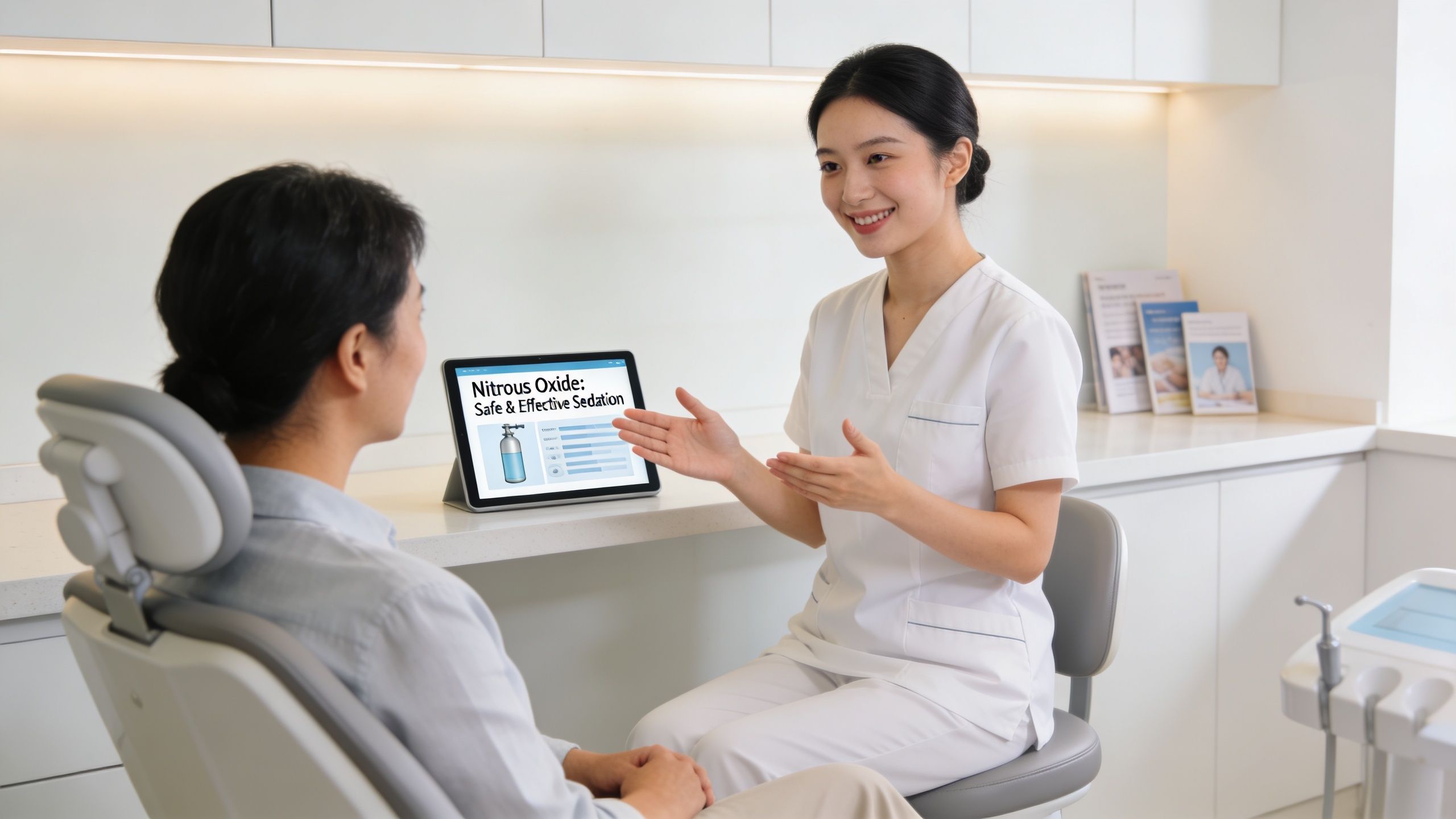 Relaxing Nitrous Oxide Sedation Dentistry in Bellaire, TX 4 A professional dentist discussing nitrous oxide sedation options with a patient using a tablet in a dental clinic.
