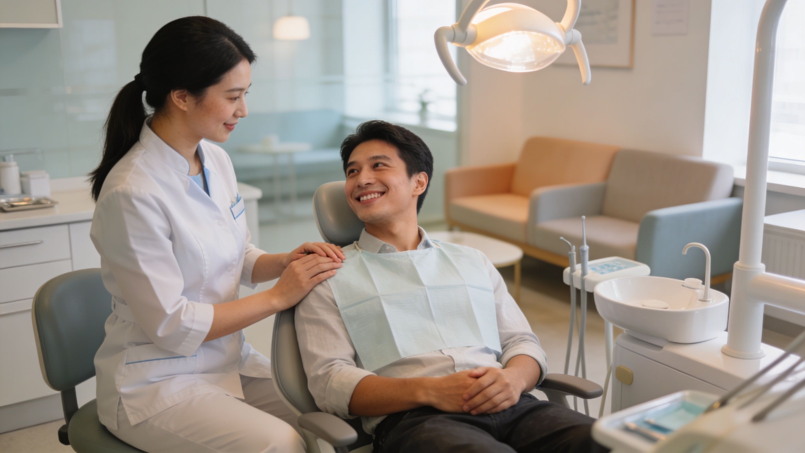 Relaxing Nitrous Oxide Sedation Dentistry in Bellaire, TX 1 A friendly female dentist comforts a smiling male patient during a dental checkup in a modern office.
