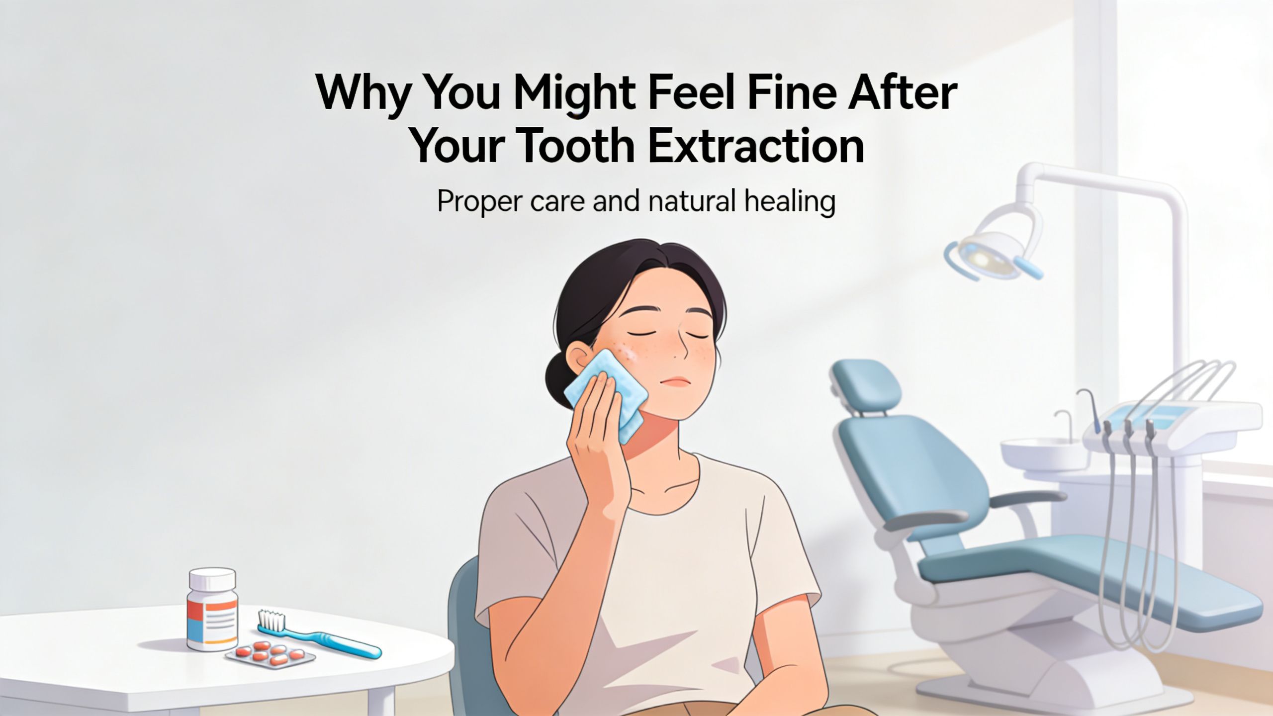 No Pain After Tooth Extraction? A Bellaire Dentist Explains 1 A woman holding an ice pack to her cheek in a dental office after tooth extraction treatment.