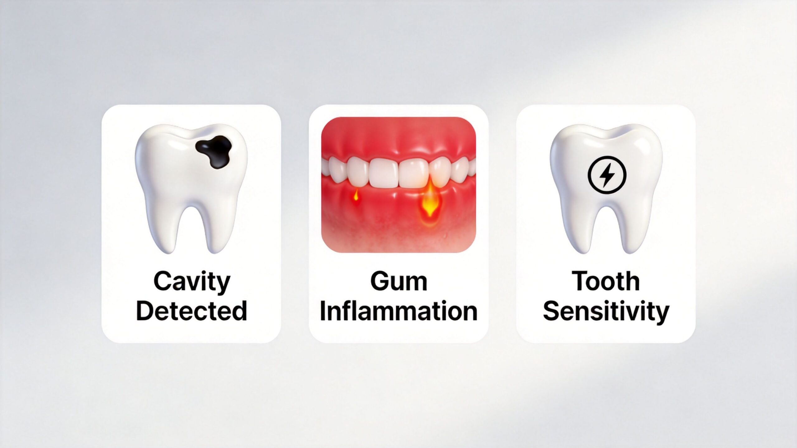 No Pain After Tooth Extraction? A Bellaire Dentist Explains 4 A graphic showing three dental issues: a cavity, gum inflammation, and tooth sensitivity with icons.