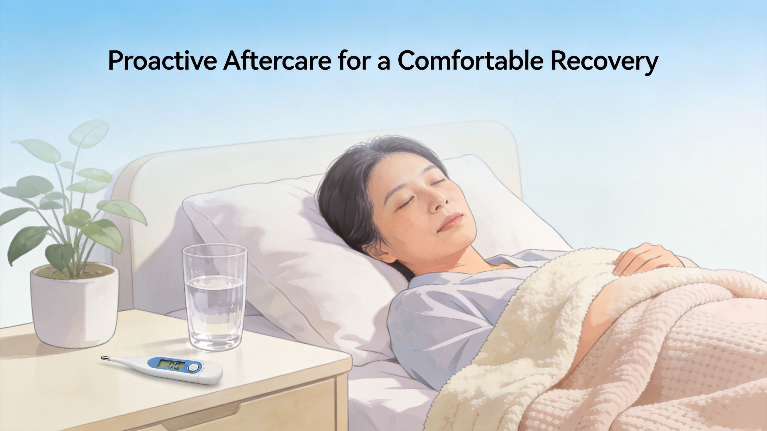 No Pain After Tooth Extraction? A Bellaire Dentist Explains 3 A young woman resting comfortably in bed with a glass of water and a thermometer nearby.