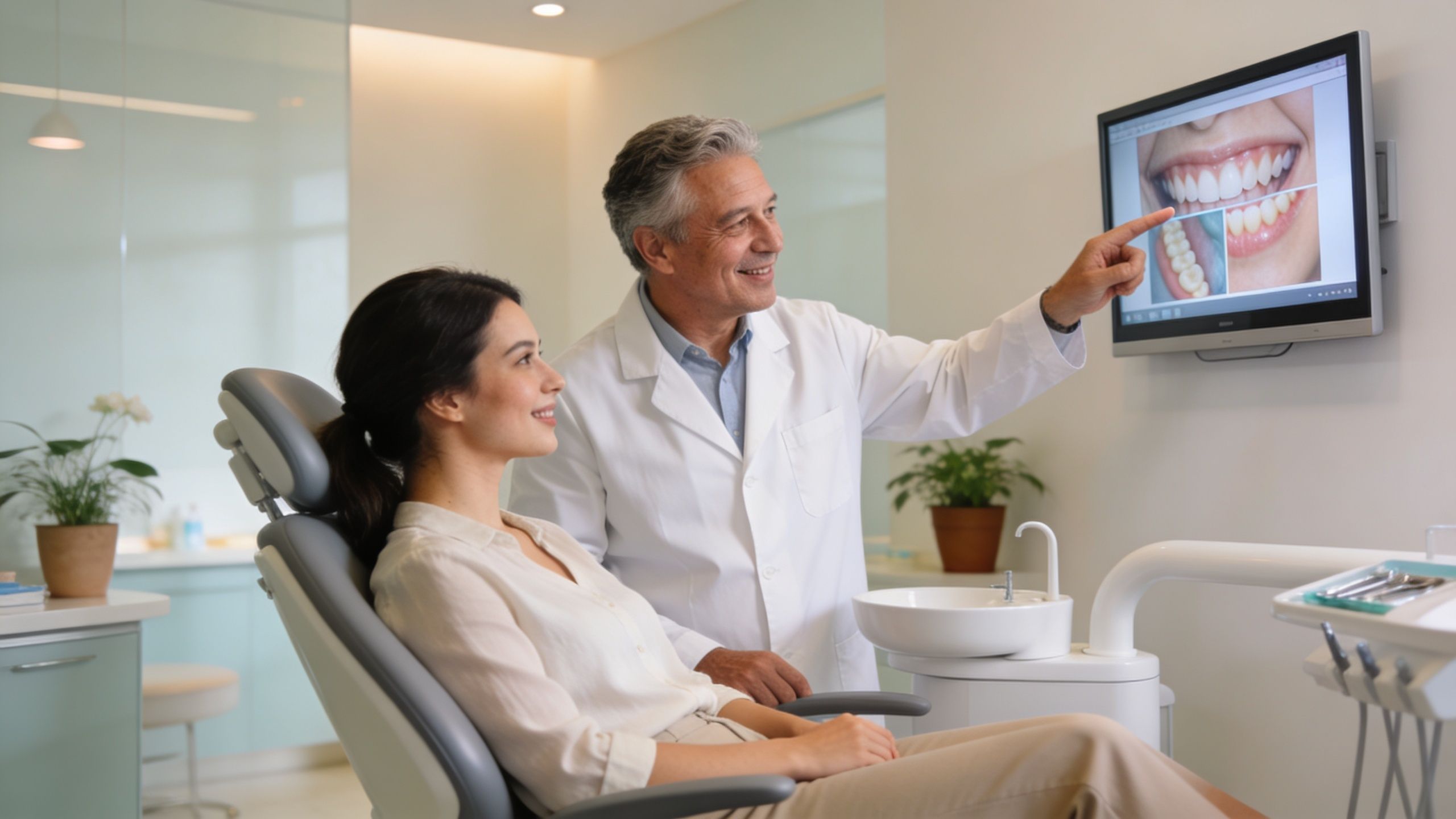 Painless Dentist Near Me: A Guide to Comfortable Care 3 A friendly dentist points to dental scans on a monitor while explaining treatment to his female patient.