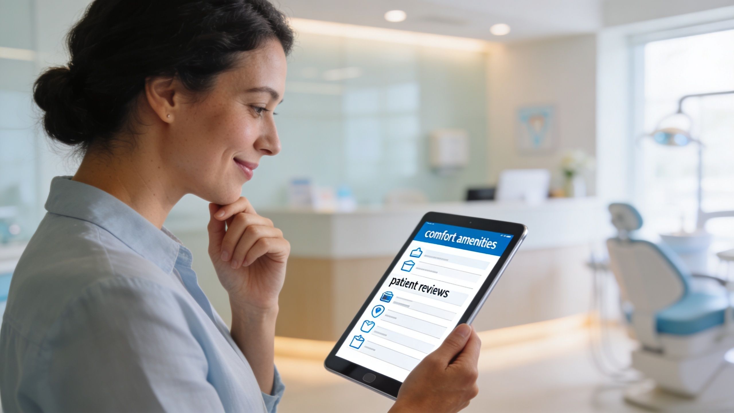 Painless Dentist Near Me: A Guide to Comfortable Care 2 A smiling patient looking at a digital tablet with comfort amenities and reviews in a dental clinic.