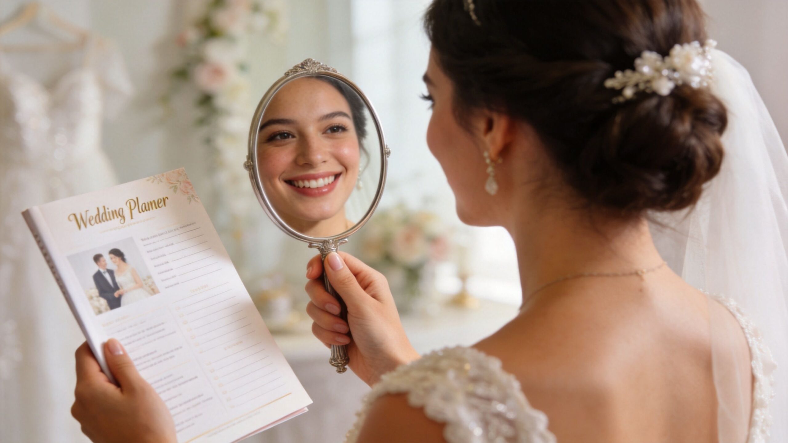 Teeth Whitening Before Wedding: Your 2026 Guide 1 A smiling bride holding a handheld mirror and a wedding planner book in a bridal shop.