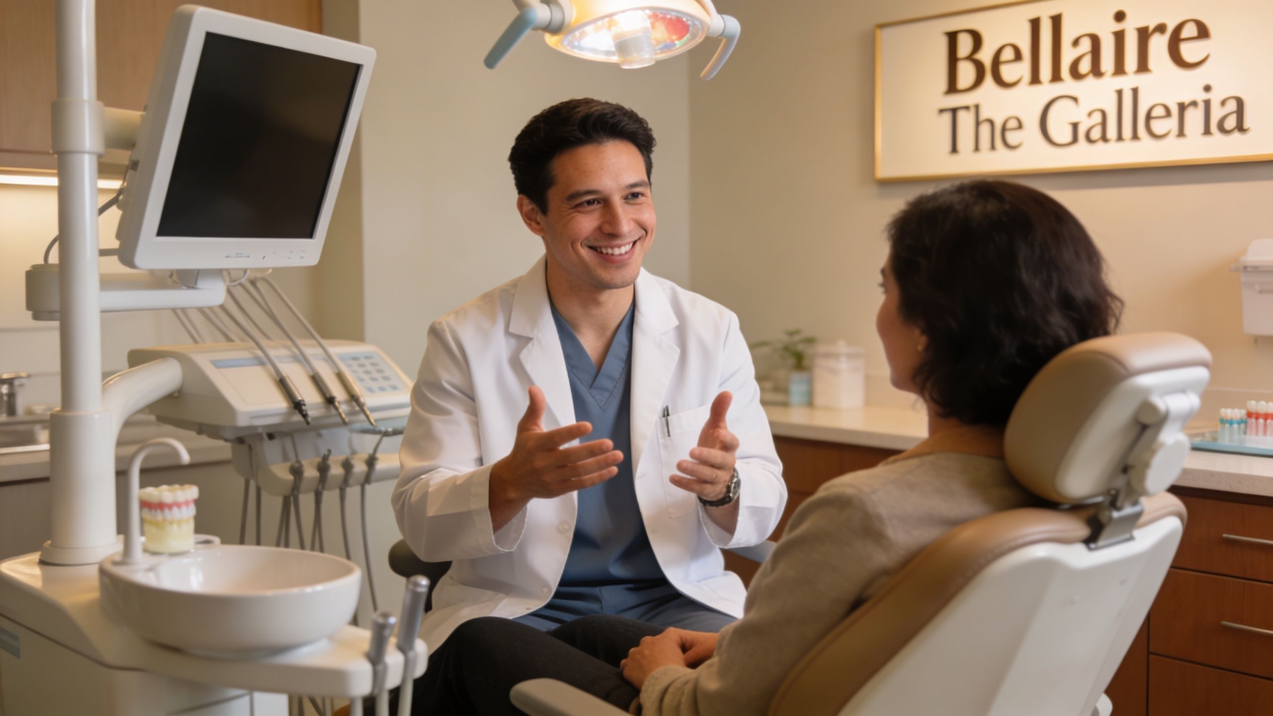 Teeth Whitening Before Wedding: Your 2026 Guide 4 A friendly male dentist in a white coat consulting a patient at a modern dental office.