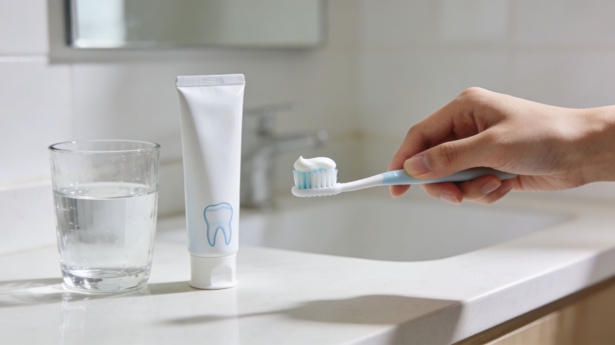 Teeth Whitening Before Wedding: Your 2026 Guide 3 A hand holding a toothbrush with toothpaste next to a tube and a glass of water.