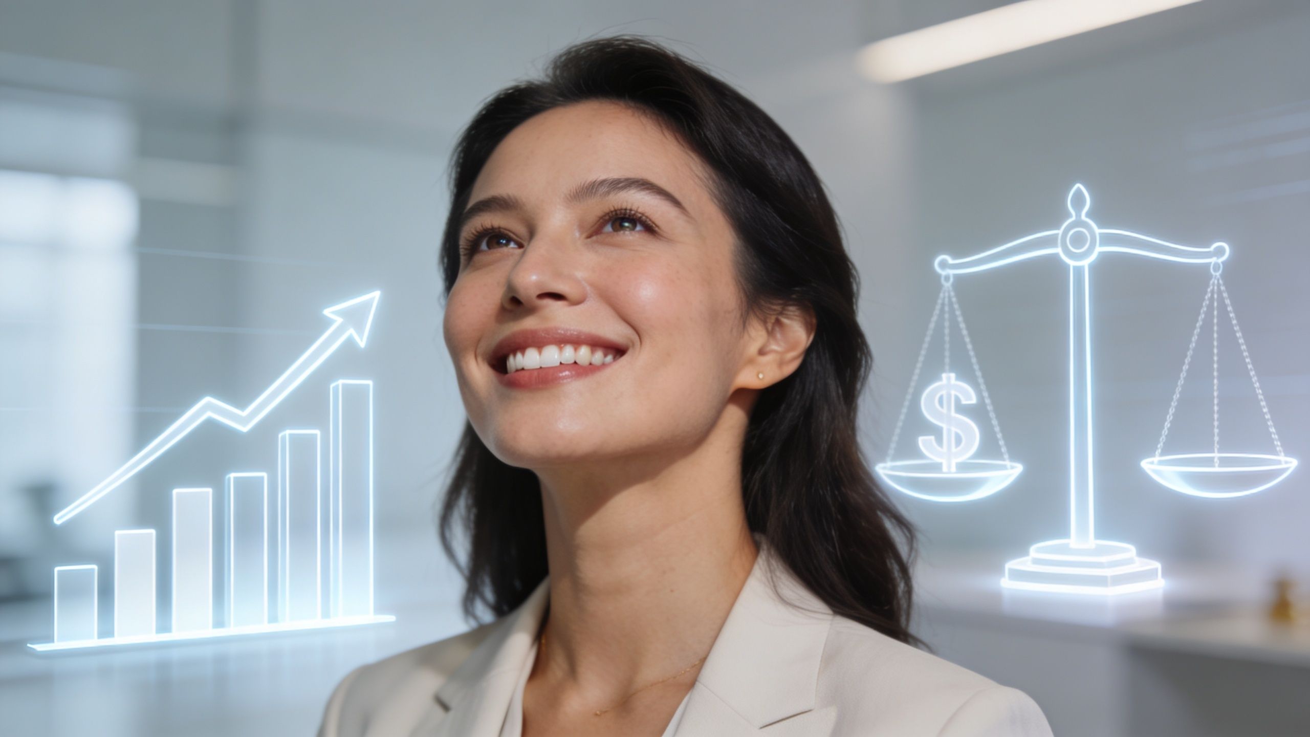 Veneers Dentist Near Me: Expert Veneers Dentist in 4 A smiling professional woman looks up at floating holographic business icons representing financial growth and balance.