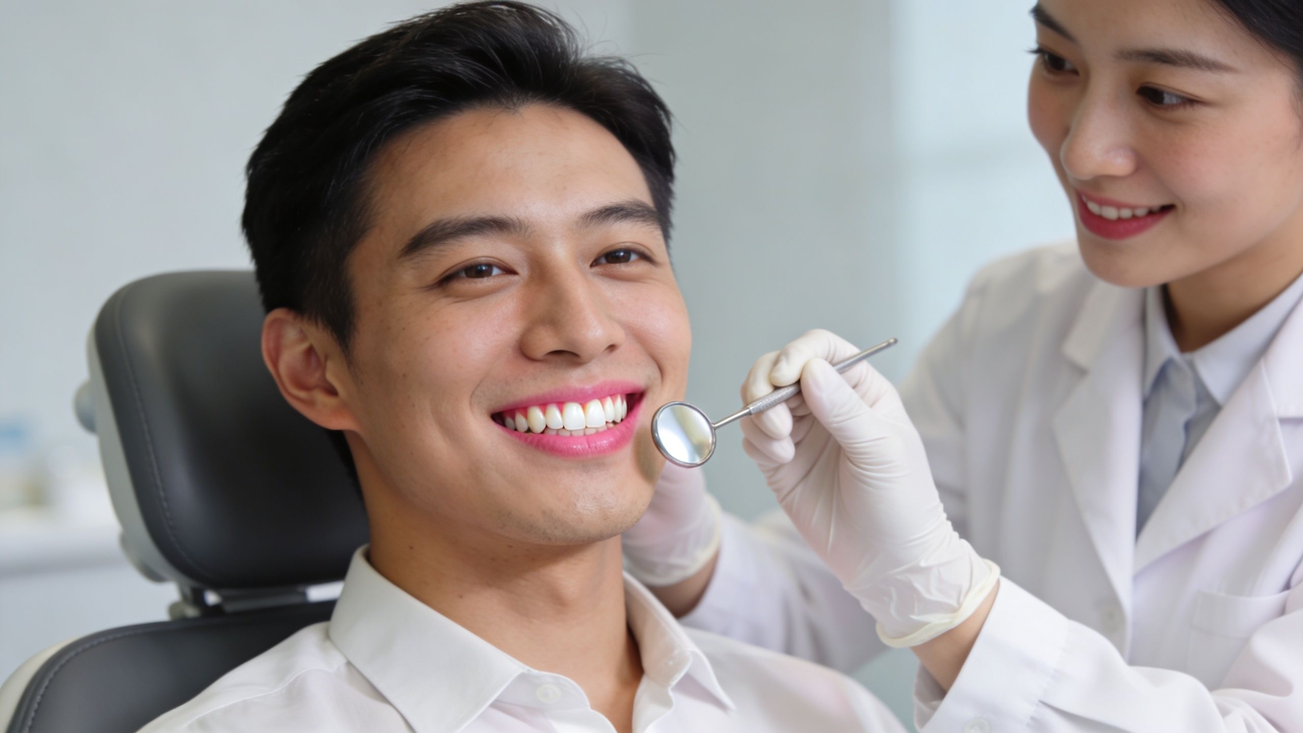 Veneers Dentist Near Me: Expert Veneers Dentist in 3 A smiling patient sitting in a dental chair while a dentist examines his teeth with a mirror.