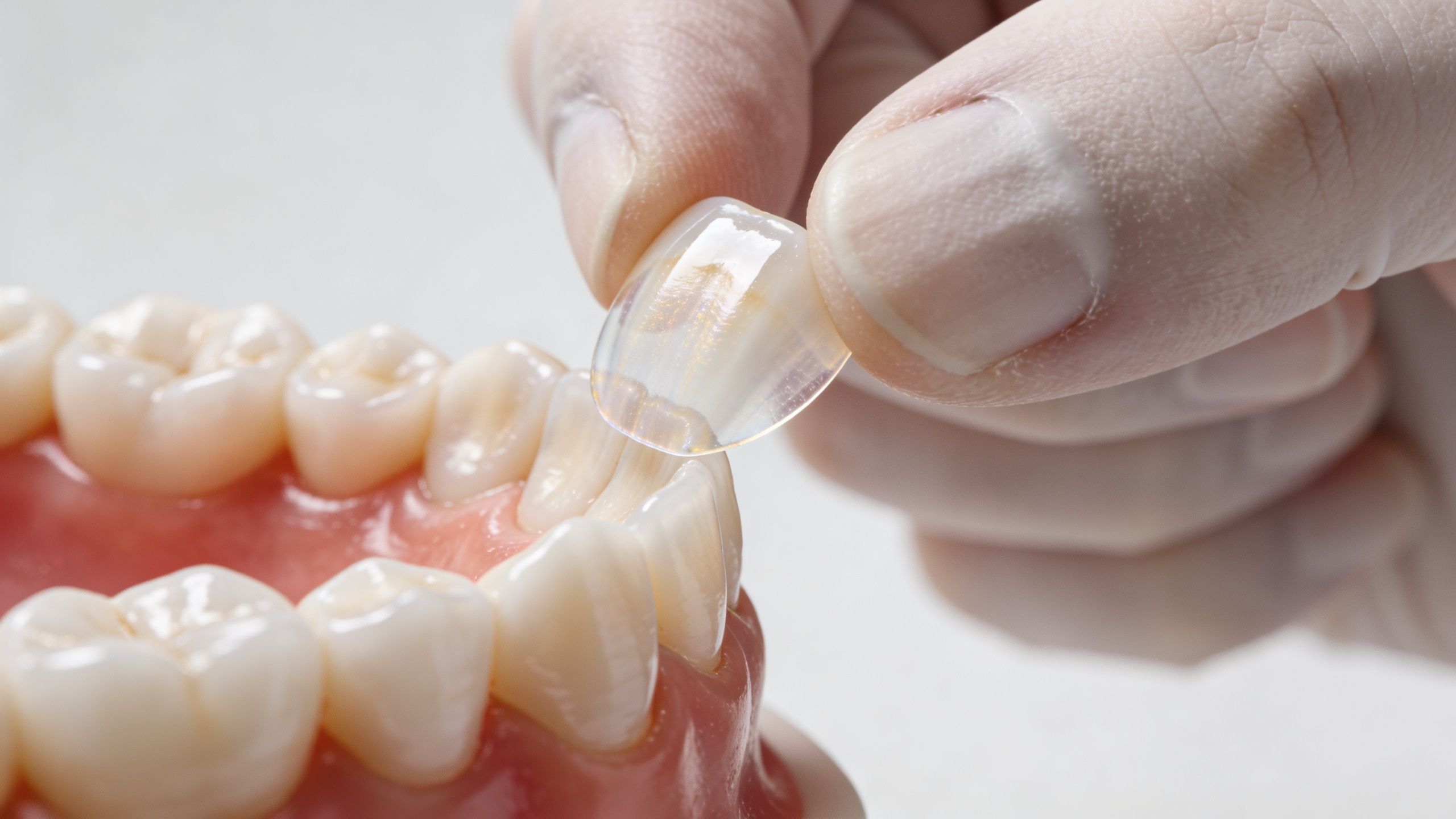 Veneers Dentist Near Me: Expert Veneers Dentist in 1 A gloved hand holding a dental veneer above a model jaw to demonstrate a cosmetic restoration procedure.
