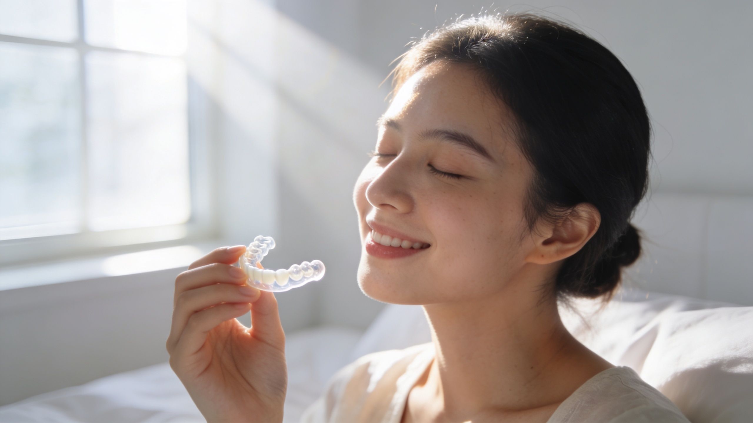 Why Am I Always Tired Even After Sleeping? 2 A smiling young woman holding a transparent dental aligner while resting in bright sunlight indoors.