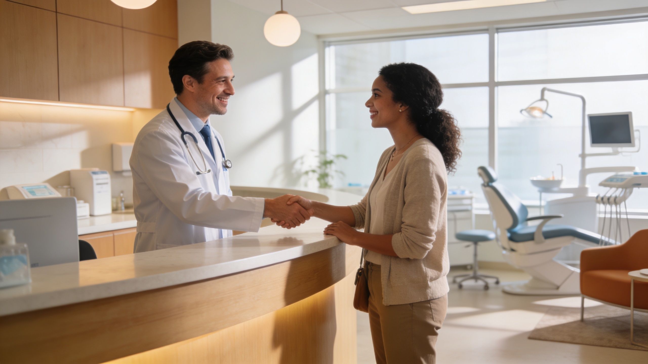 Why Am I Always Tired Even After Sleeping? 3 A friendly male doctor shaking hands with a female patient at a modern medical clinic reception desk.