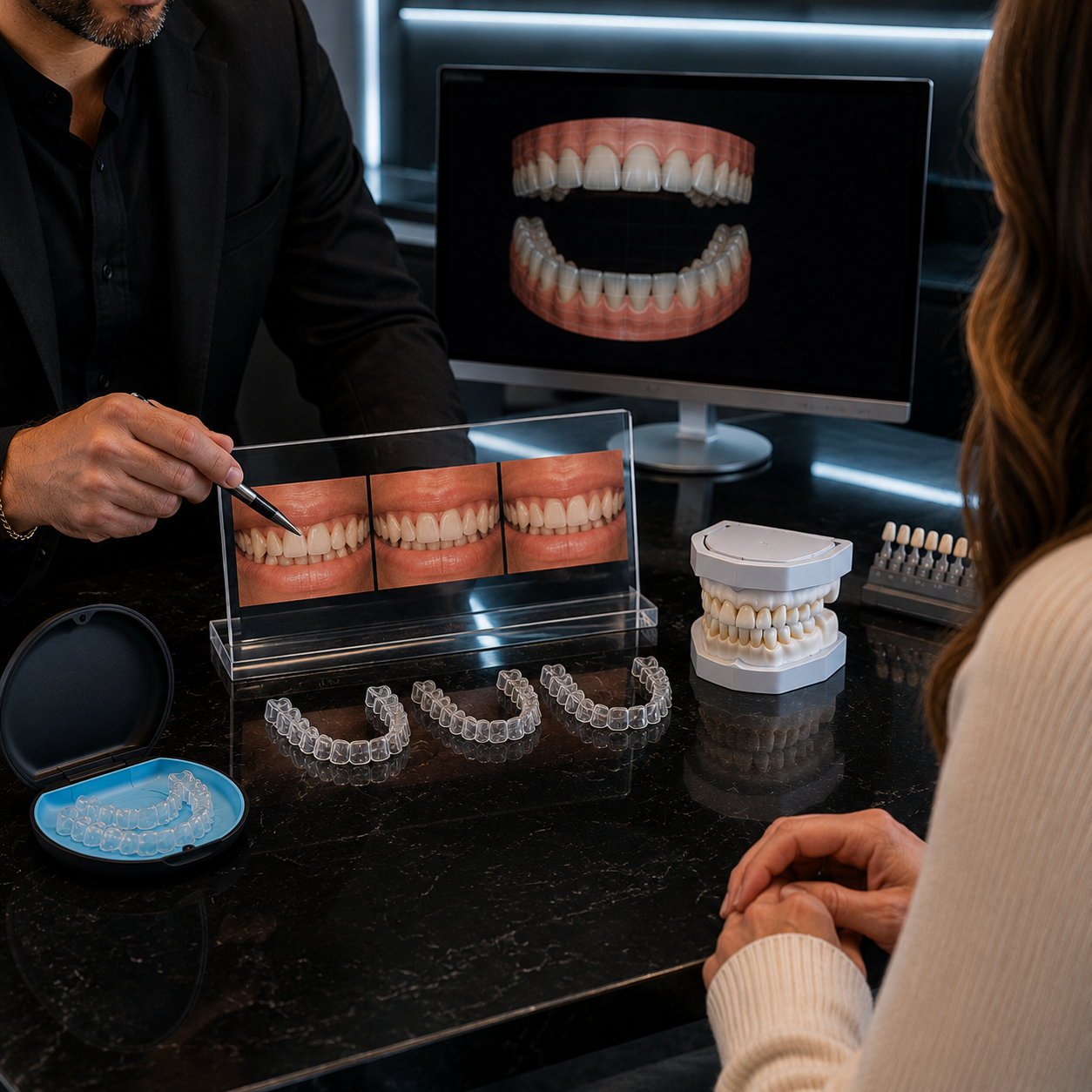 clear-aligner-smile-makeover-sequencing-bellaire-tx Clear aligner sequencing before veneers during a smile makeover in Bellaire, TX.