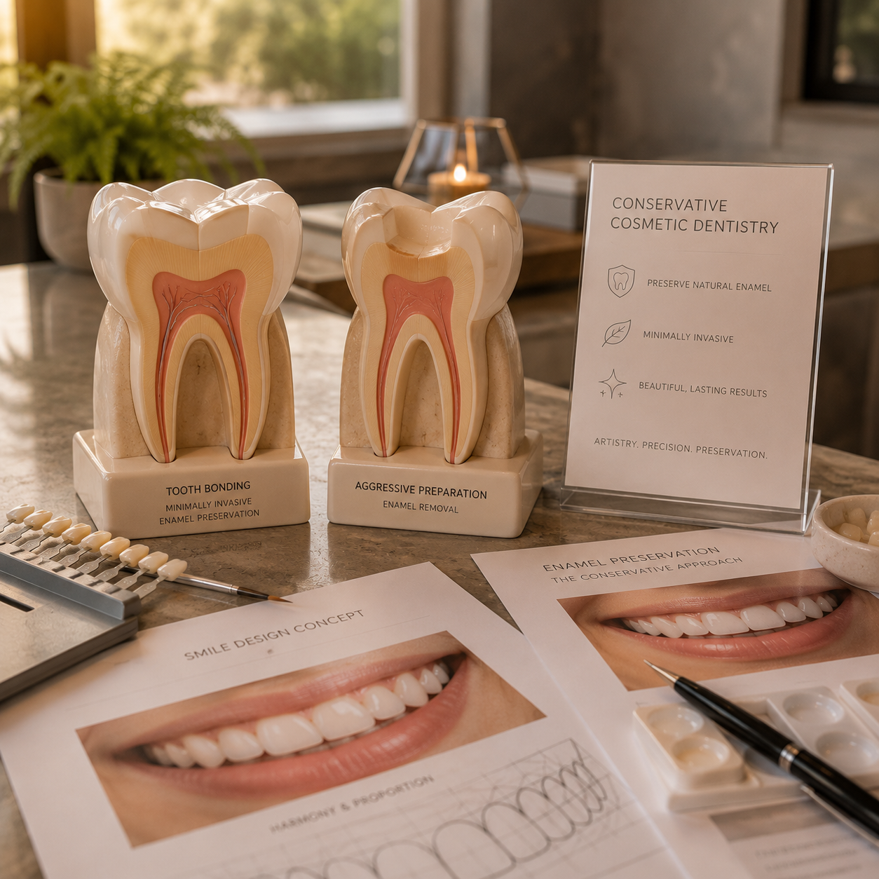 Conservative cosmetic tooth bonding preserving natural enamel in Bellaire, TX.