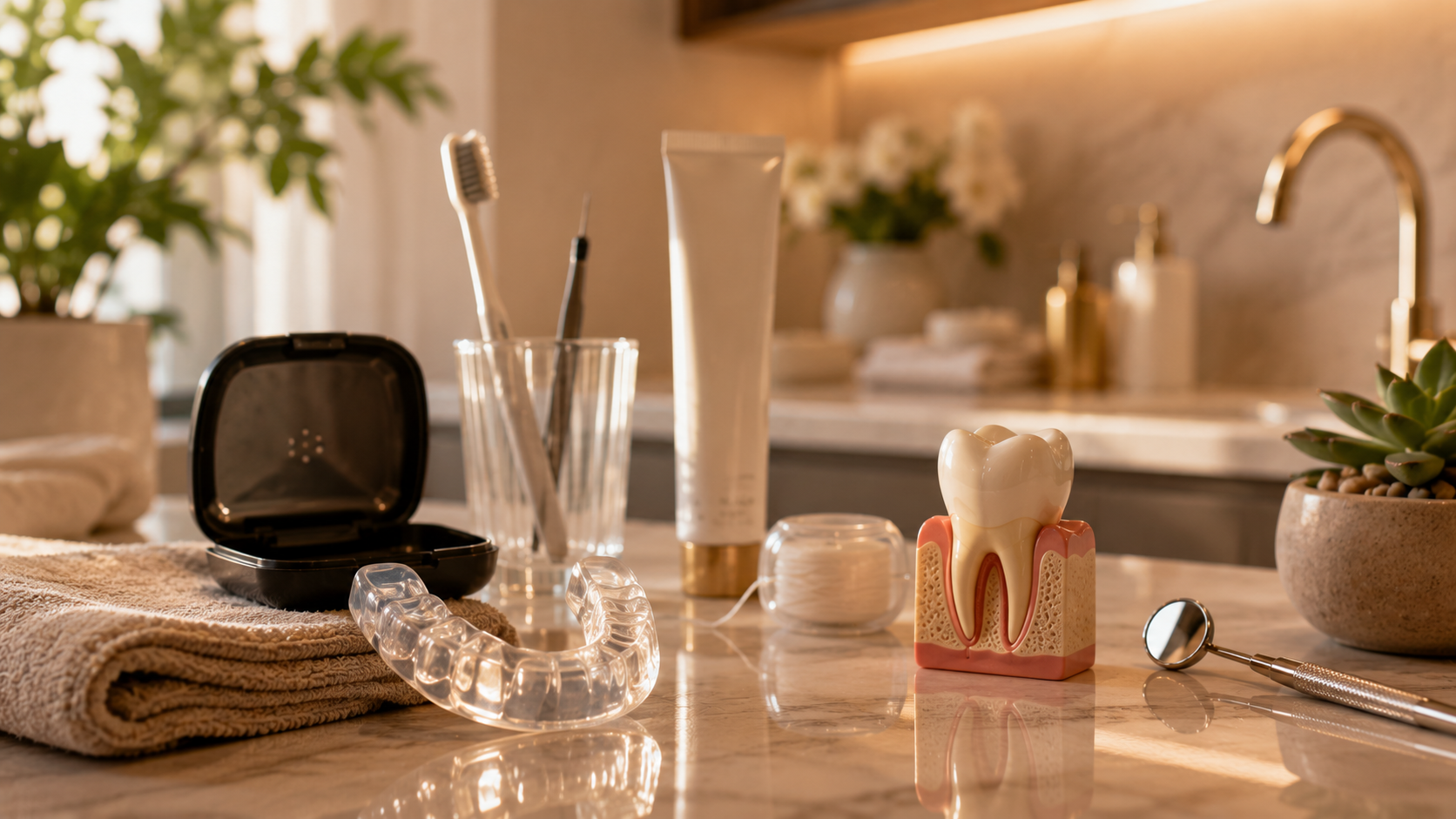 Protective dental crown care routine and long-term maintenance setup at a luxury Bellaire, TX cosmetic dental office.