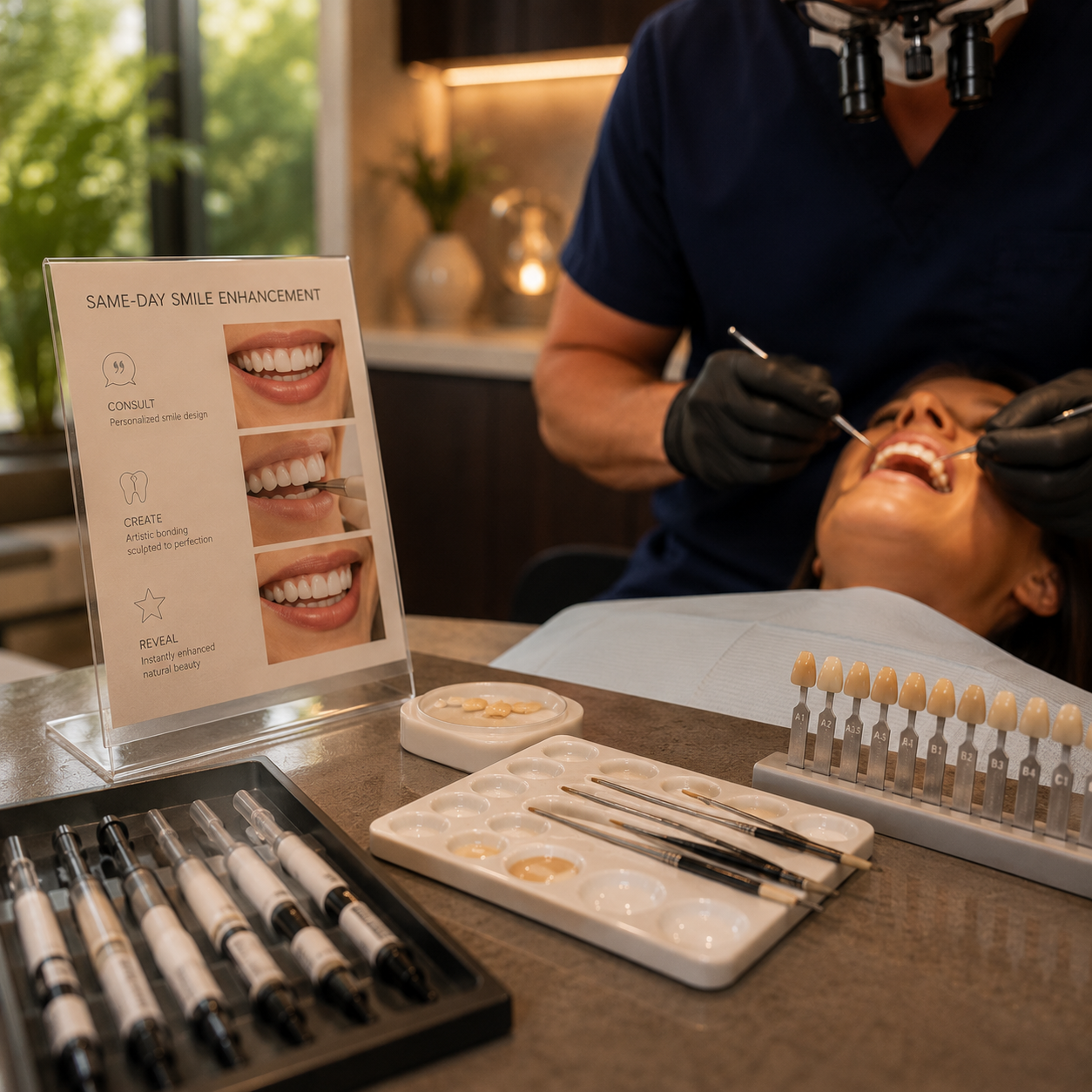 Same-day cosmetic tooth bonding enhancement procedure in Bellaire, TX.