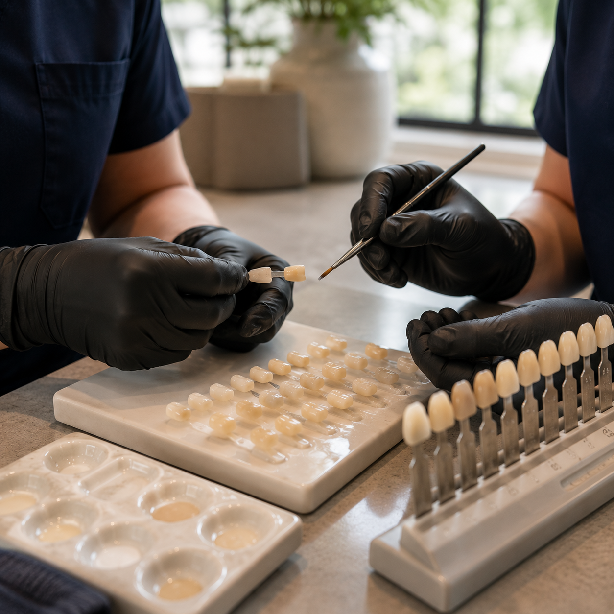 Composite resin shade matching process for cosmetic tooth bonding in Bellaire, TX.